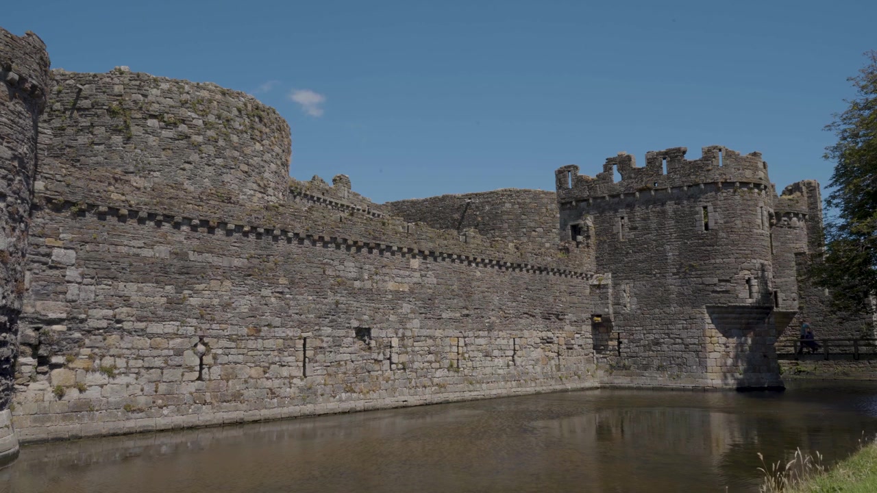 Vista del Castello di Beaumaris e del suo fossato dai terreni circostanti, che mostra il canale difensivo pieno d'acqua, imponenti torri in pietra e ampie mura medievali all'interno di un lussureggiante paesaggio verde.