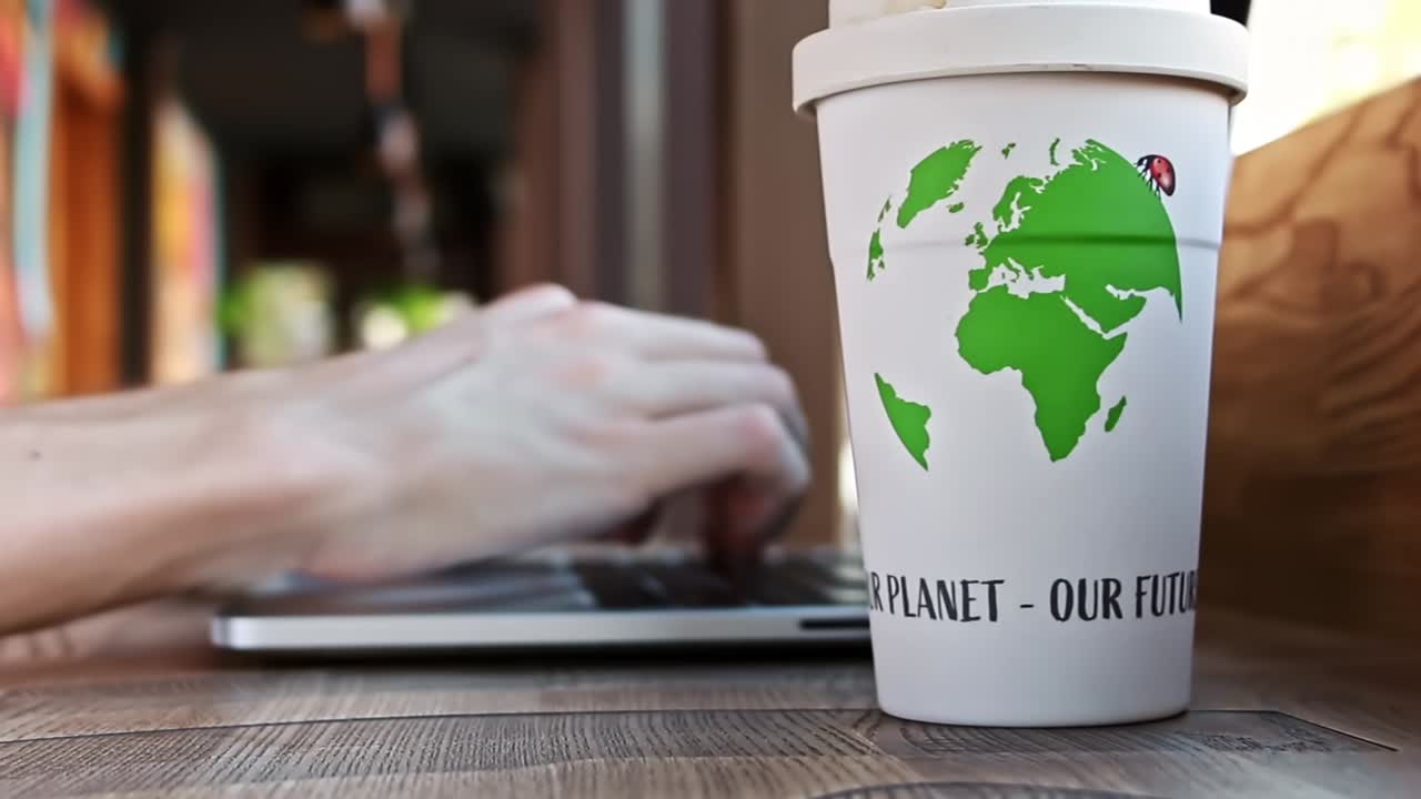 Man working on laptop in a cafe. Reusable bamboo cup of coffee with a picture of green earth and quote about ecology