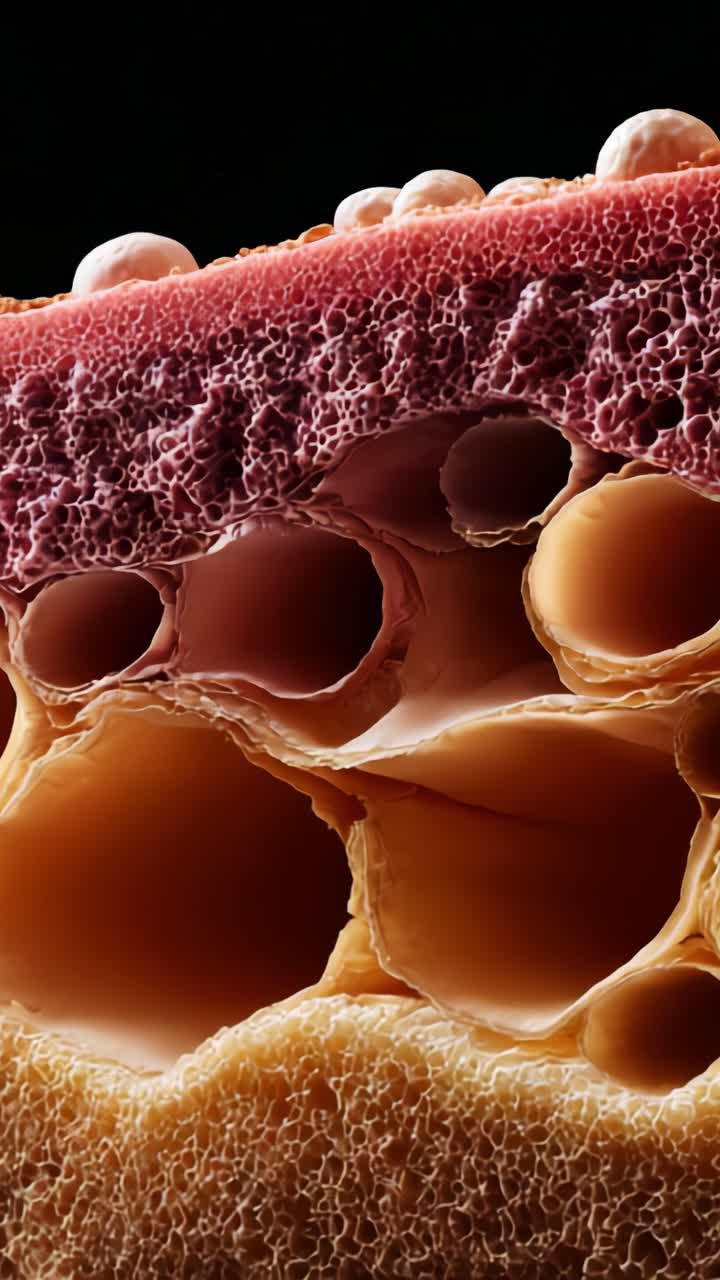 Struttura dettagliata di tessuti biologici catturata in macrofotografia che illustra strati e modelli cellulari in colori e trame vivaci