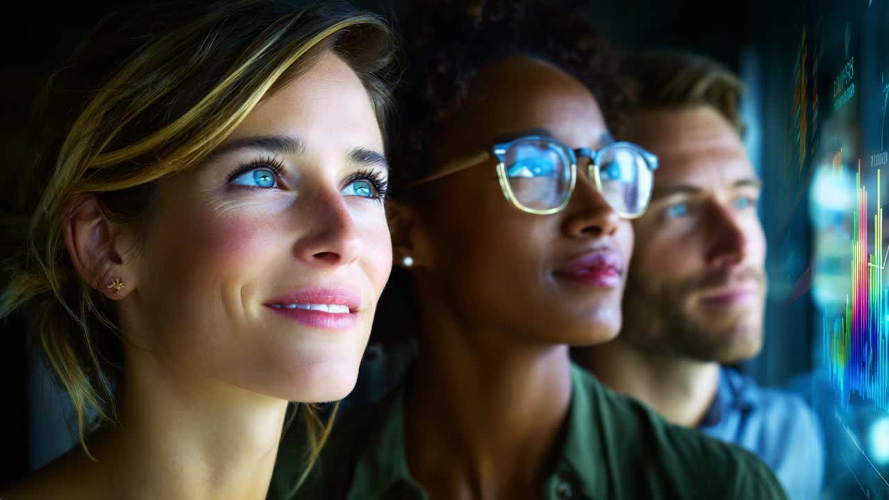 Three Individuals Gazing Thoughtfully Out a Window, Capturing a Moment of Reflection and Curiosity While Lost in Their Own Thoughts Amidst a Dynamic Urban Background Awash With Light and Color