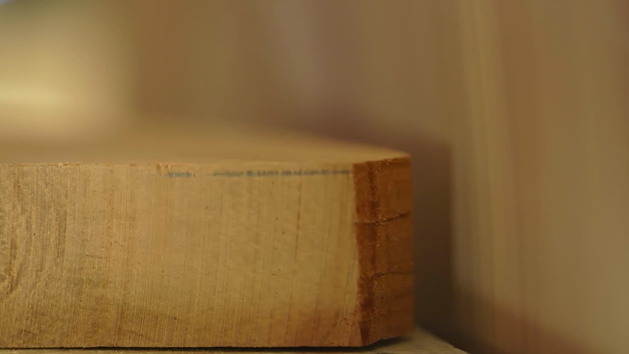 Macro Shot Of Wood Being Sanded On A Sanding Machine, Furniture Manufacturing Industry