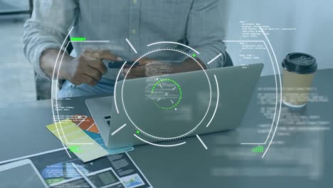 Animation of scope scanning over data processing against mid section of man using smartphone