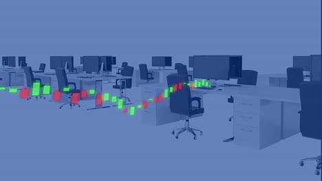 animation of financial data processing over desks with computer in office