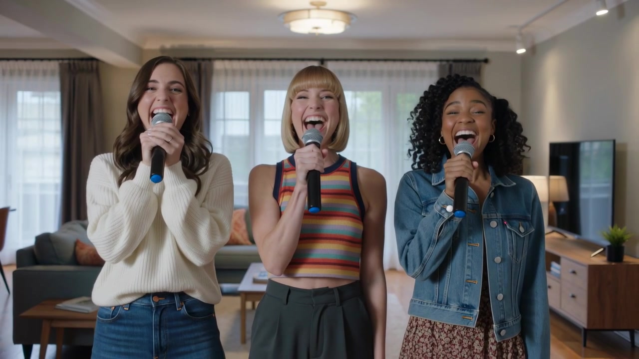 Singing three adult women in casual wear holding microphones in living room ending song and bowing
