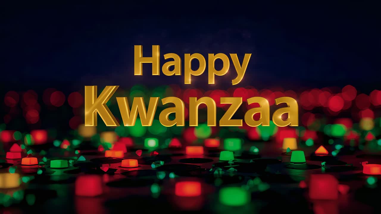 Zooming camera approaching gold 3D Happy Kwanzaa text in studio, lights pulsing for festive shimmer