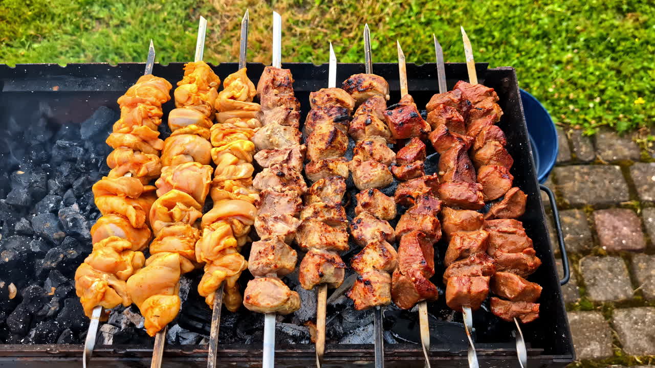 Assorted meat skewers grilling on open charcoal barbecue in backyard