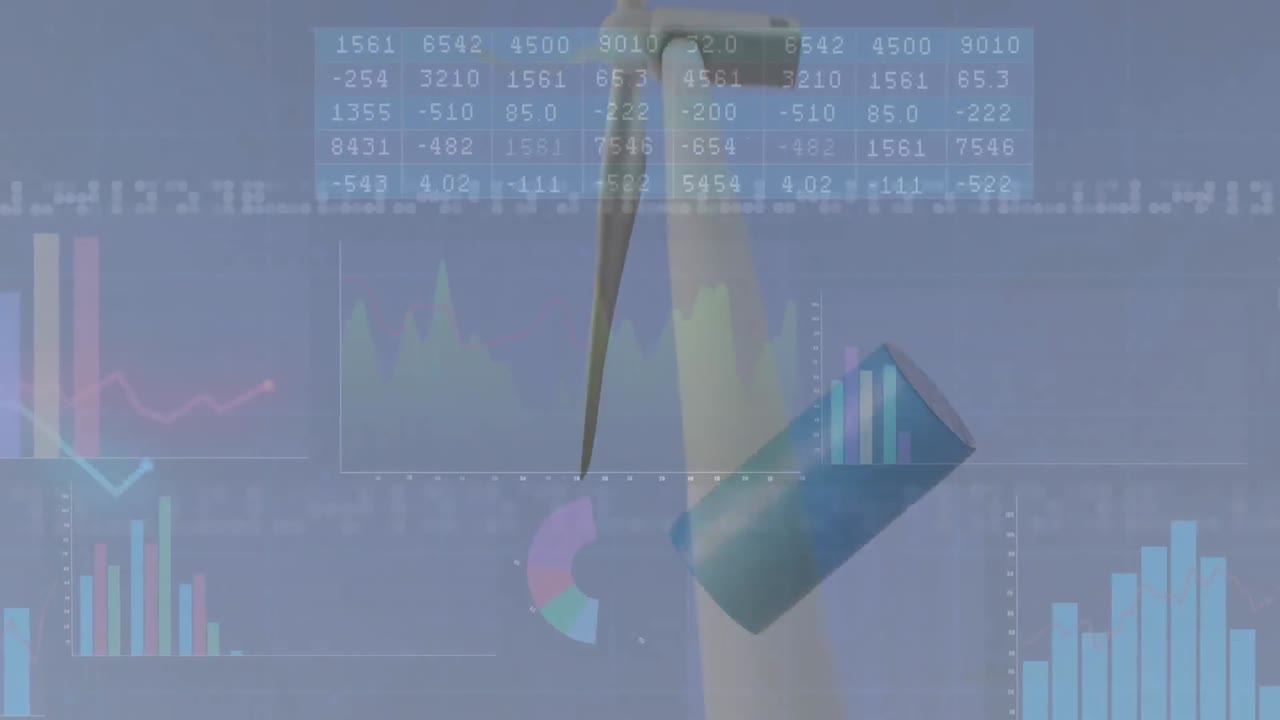 통계 데이터 처리의 애니메이션과 회전하는 풍차 위에 떠다니는 원통 모양