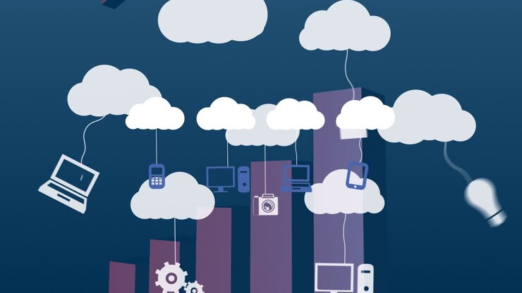 Animation of clouds with technology icons over graphs on blue background