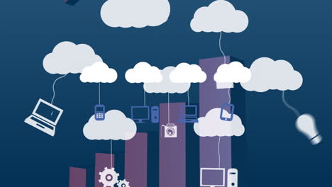 animación de nubes con iconos de tecnología sobre gráficos sobre fondo azul