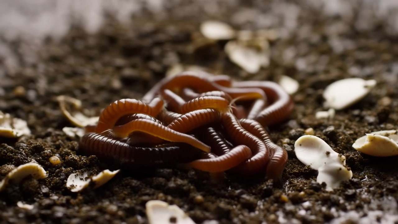 Um close-up de minhocas se contorcendo no solo com pequenas conchas, capturado de uma perspectiva ao nível do chão. A cena exibe elementos terrosos e orgânicos em tons de marrom e cinza, ideal.