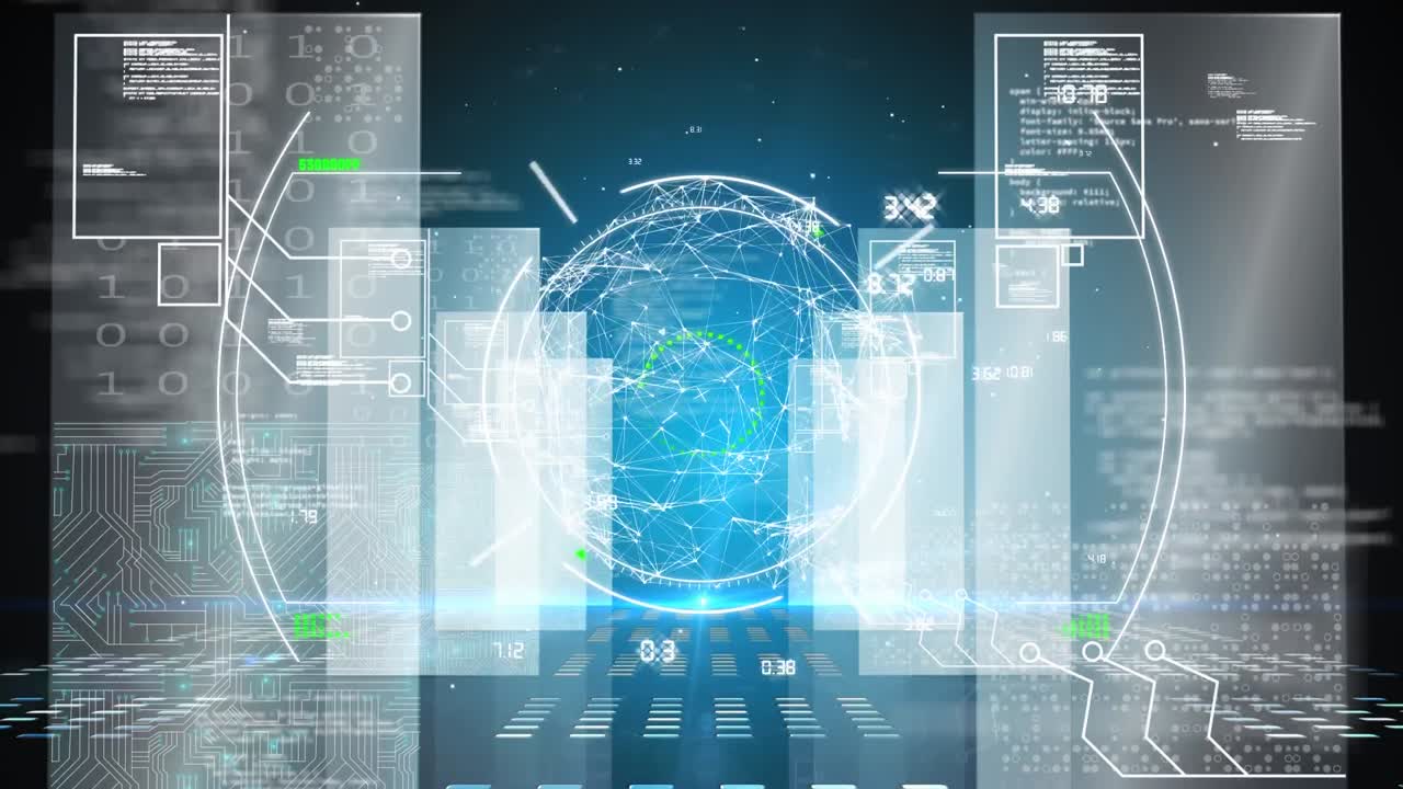 지구의 회전, 범위 스캐닝 및 파란색 배경의 데이터 처리 애니메이션