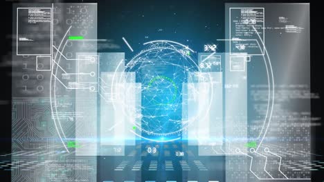 Animation-of-globe-spinning,-scope-scanning-and-data-processing-on-blue-background