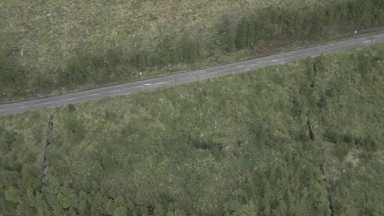 la ladera verde exuberante con la carretera que la atraviesa, en sao miguel, vista aérea