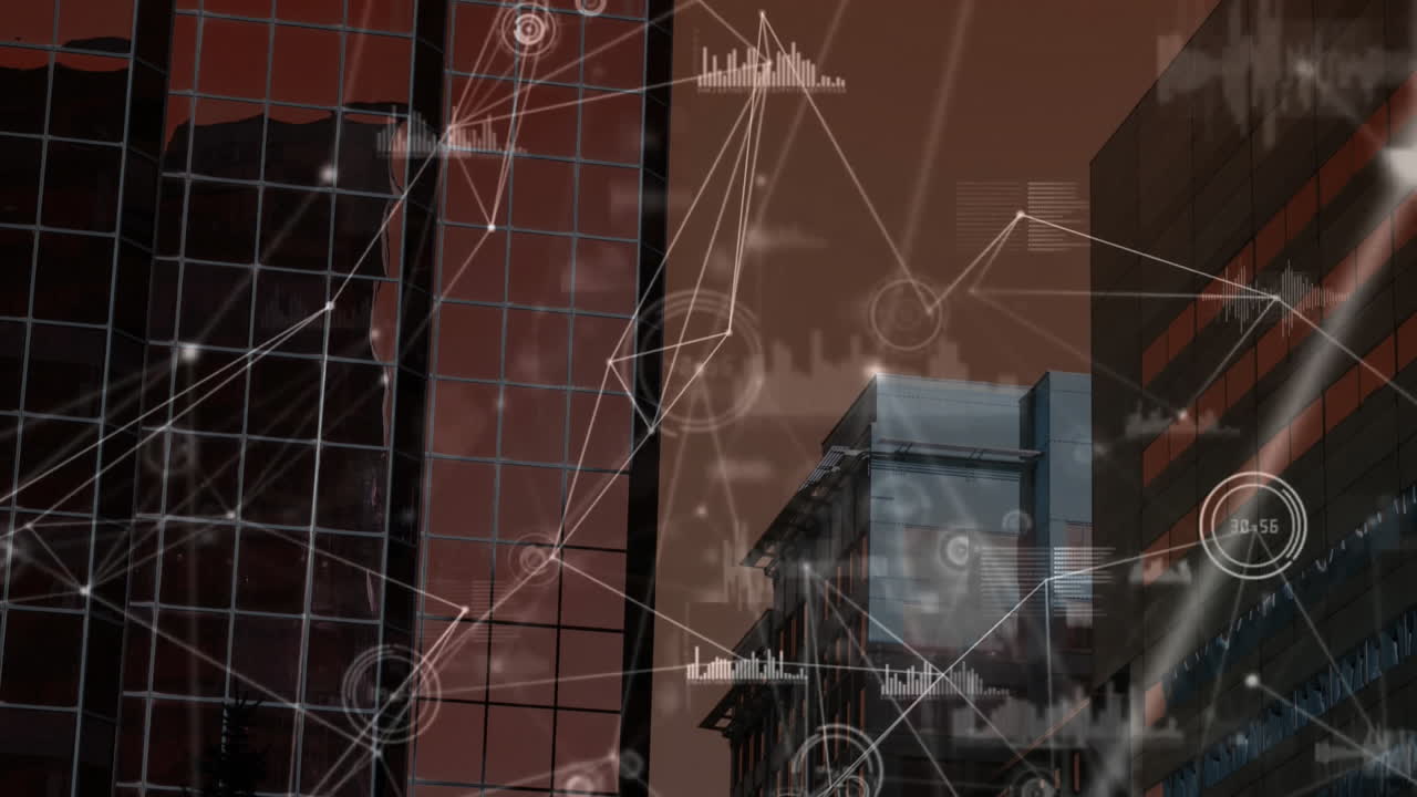 animación de iconos de números y gráficos cambiantes conectados que giran sobre edificios modernos