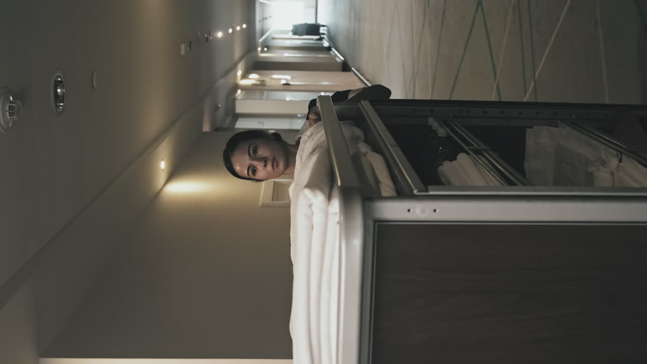 Housekeeper with Hand Cart Walking along Hotel Corridor