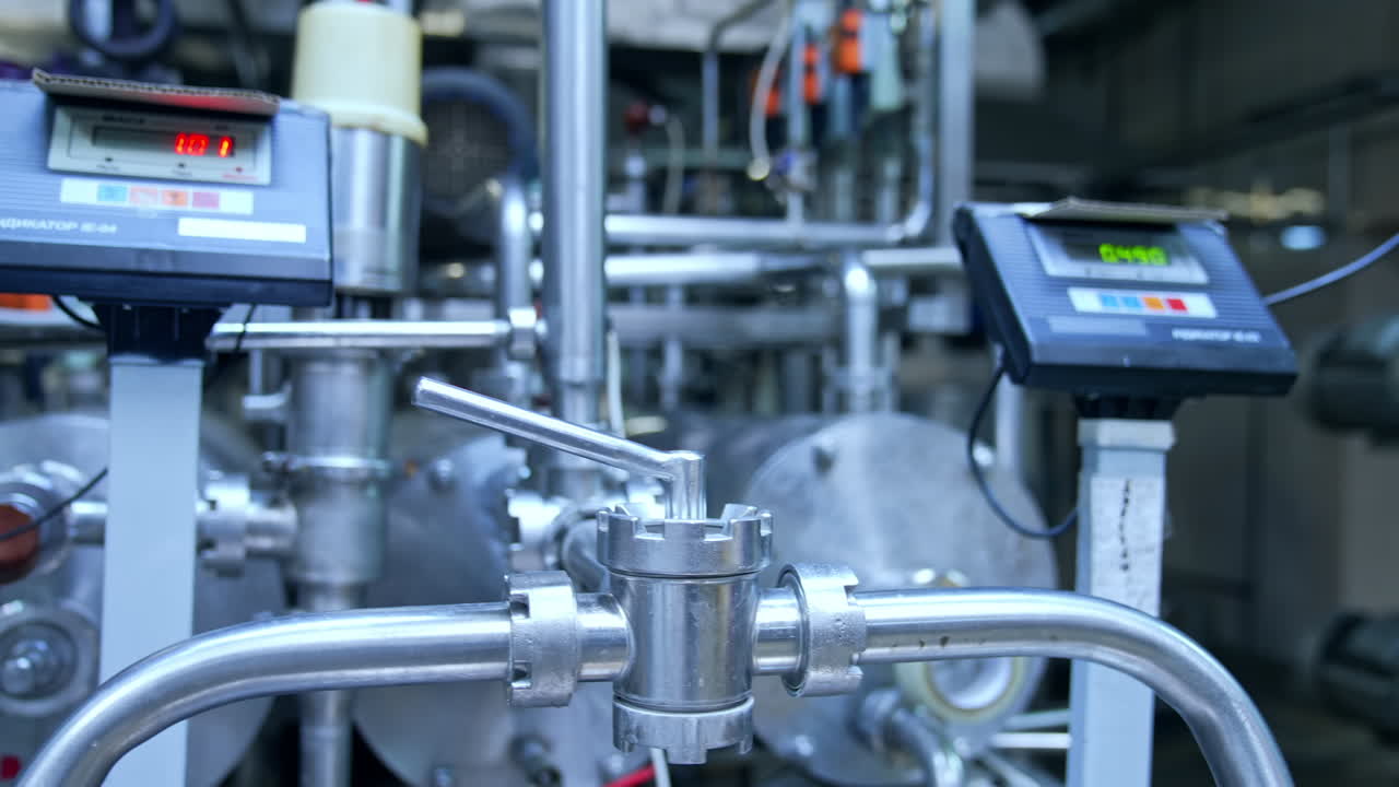 Dairy factory with milk pasteurization tank and pipes. Motion camera view