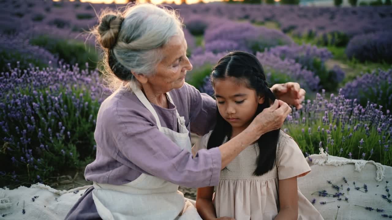 Reaching senior woman braiding girl's hair in lavender field, tidying hair while wearing apron