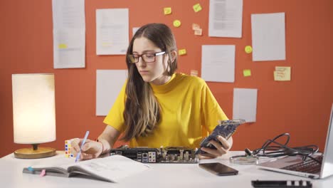 niña pensativa centrada en las cosas tecnológicas.