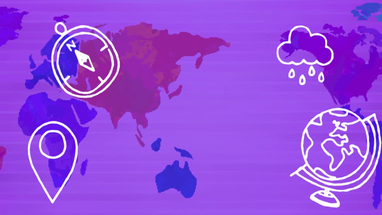 세계 지도 위를 날아다니는 손으로 그린 아이콘의 애니메이션