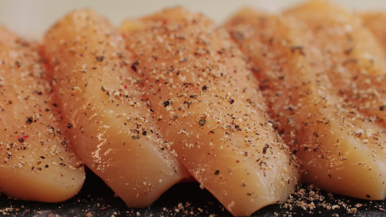 Raw slice chicken meat in spices: paprika, salt, pepper, turmeric on plate close-up. Preparing raw food for cooking. Grilled chicken, duck, turkey kebab with vegetables.