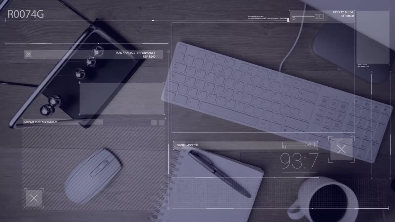 Animation of statistics and data processing over desk with computer and office items