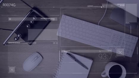 Animation of statistics and data processing over desk with computer and office items