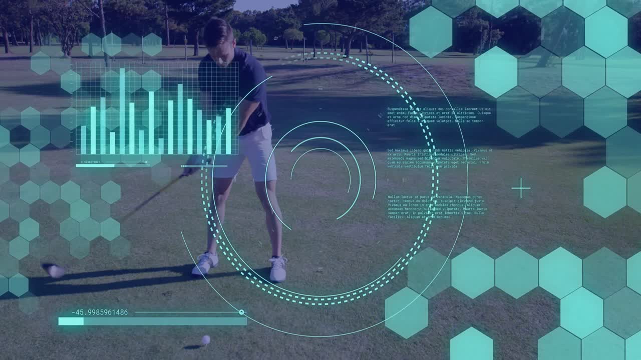 animación de escaneo de alcance y procesamiento de datos sobre un hombre caucásico jugando al golf