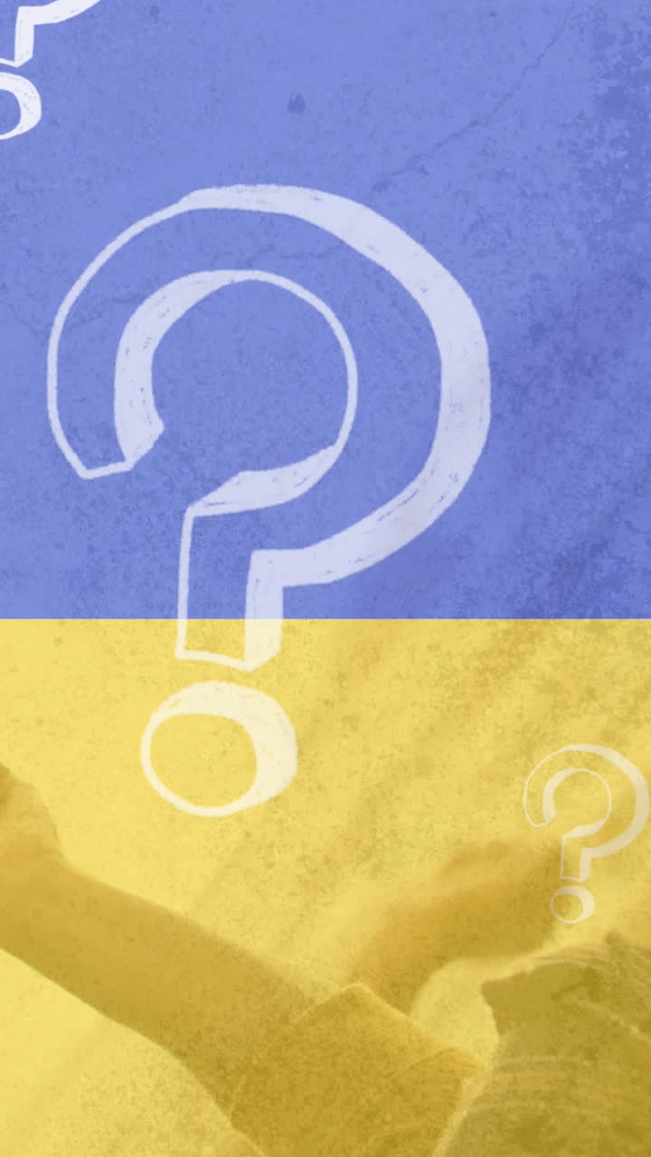 animación de signos de interrogación sobre los manifestantes y la bandera de ucrania