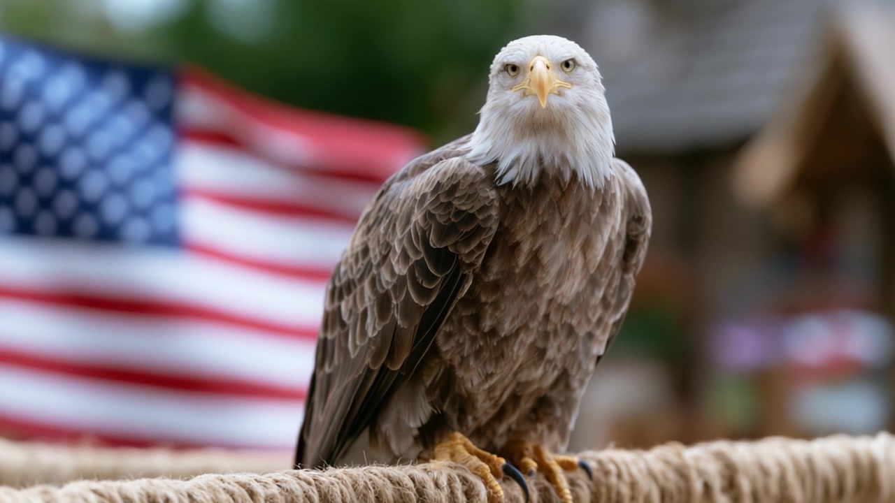 Una maestosa aquila calva appollaiata con sicurezza su una corda, con la bandiera americana sfocata sullo sfondo, che simboleggia libertà e forza.