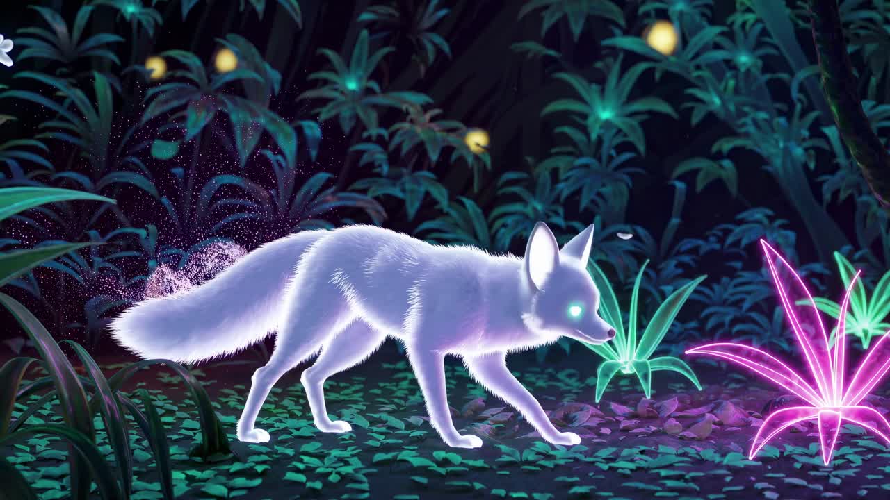 Una volpe bianca mistica con occhi luminosi si erge in una foresta incantata.