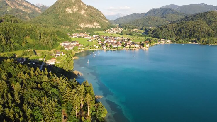 Wonderful aerial shot of Austria small lake town of Fuschl am see, summer