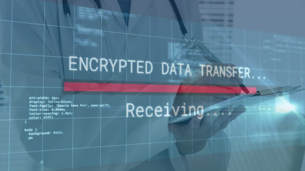 Clinician writing on clipboard, HUD overlaying getting secure data and progressing updating record