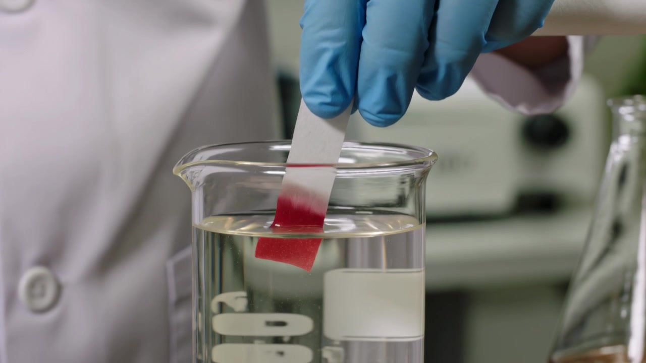 Scissors cutting test strip nitrile-gloved hands in lab coat at bench lowering into beaker testing