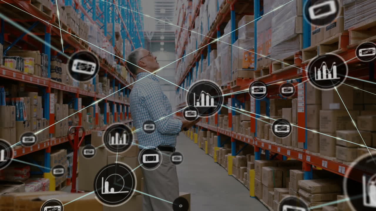 Warehouse worker scanning boxes, data network and analytics animation over shelves