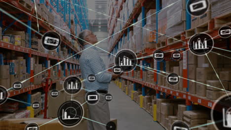 warehouse worker scanning boxes, data network and analytics animation over shelves