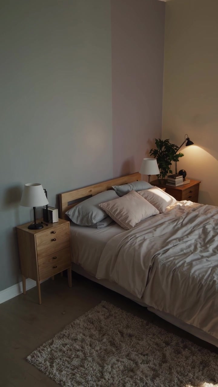 Interior de dormitorio moderno y acogedor con luz solar suave