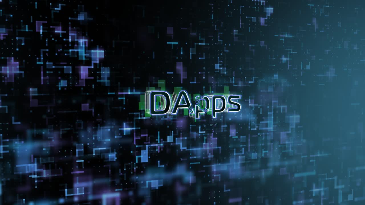 el texto del concepto de dapps revela animación con fondo de tecnología digital abstracta representación 3d para blockchain, metaverso, criptomoneda