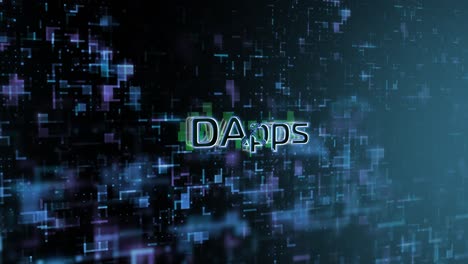 dapps 概念文本透露動畫與數碼抽象技術背景 3d 渲染為區塊,元宇宙,加密貨幣