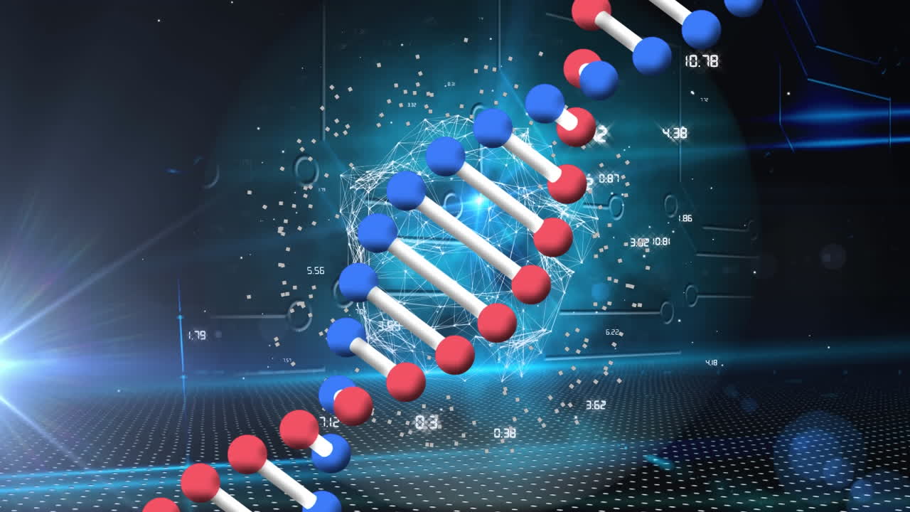 Animation of dna strand spinning, network of connections and data processing