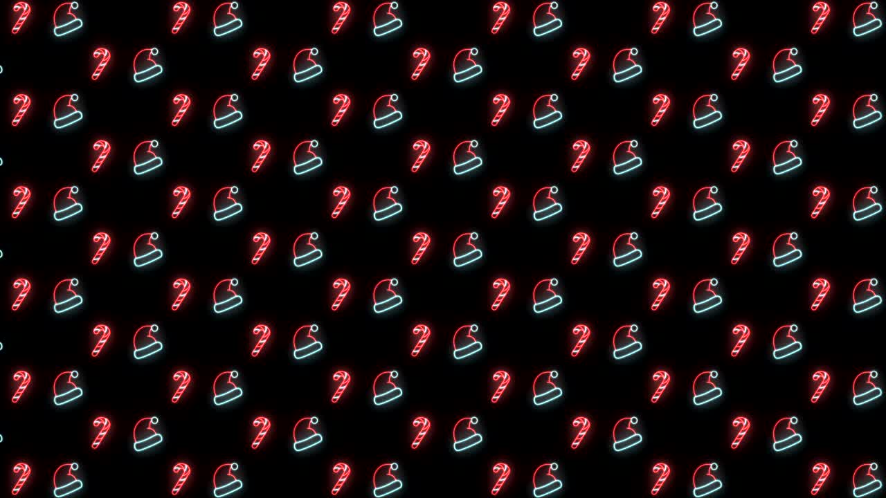 fondo de patrón navideño de neón de árbol de navidad, copo de nieve, sombrero de santa y bastón de caramelo en animación en bucle rojo, blanco y negro