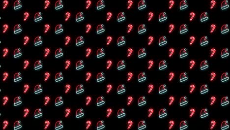 neon christmas pattern background of christmas tree, snowflake, santa hat and candy cane in red black and white looping animation