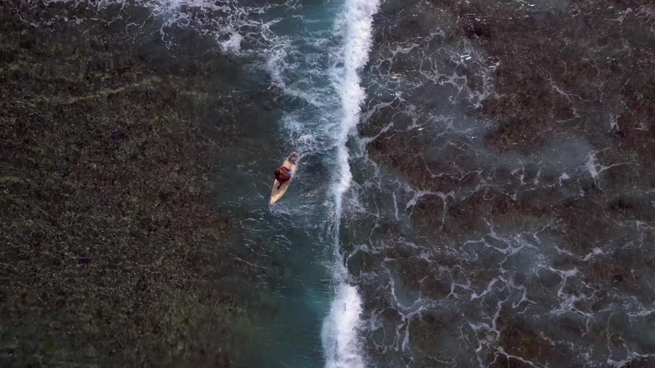 Surfers are paddling surfboards on transparent turquoise water over coral reef, enjoying a tropical vacation. Wonderful aerial view vertical bird's eye view drone