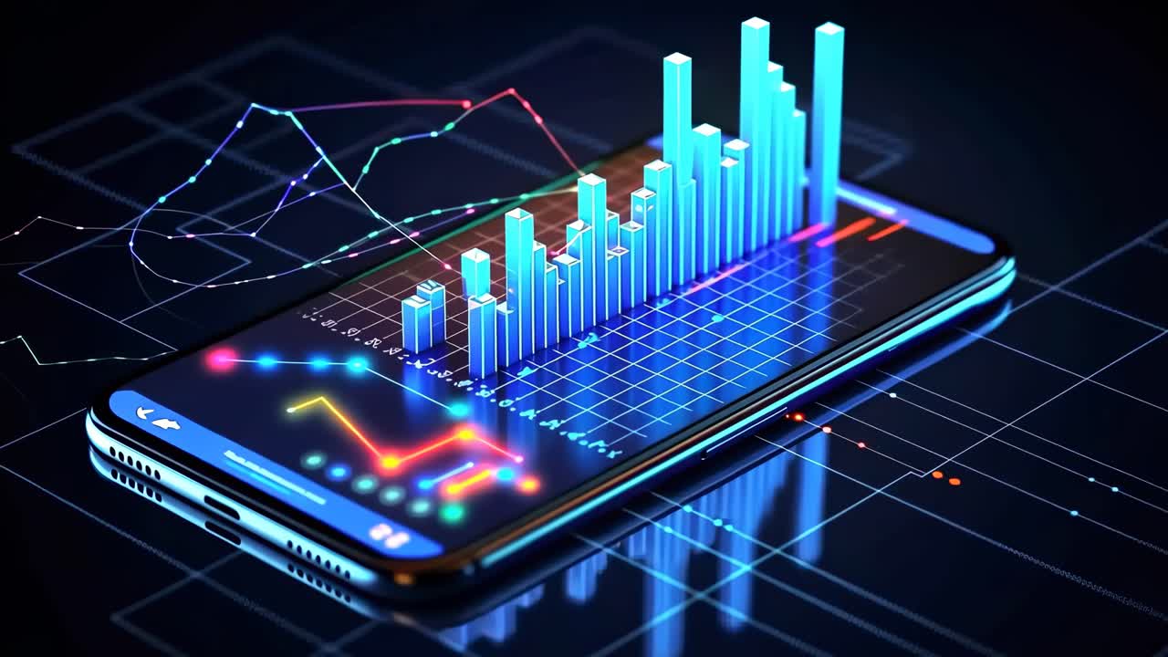 Futuristisk videokonsept av 3D-stolpediagrammer som dukker opp fra en smarttelefonskjerm