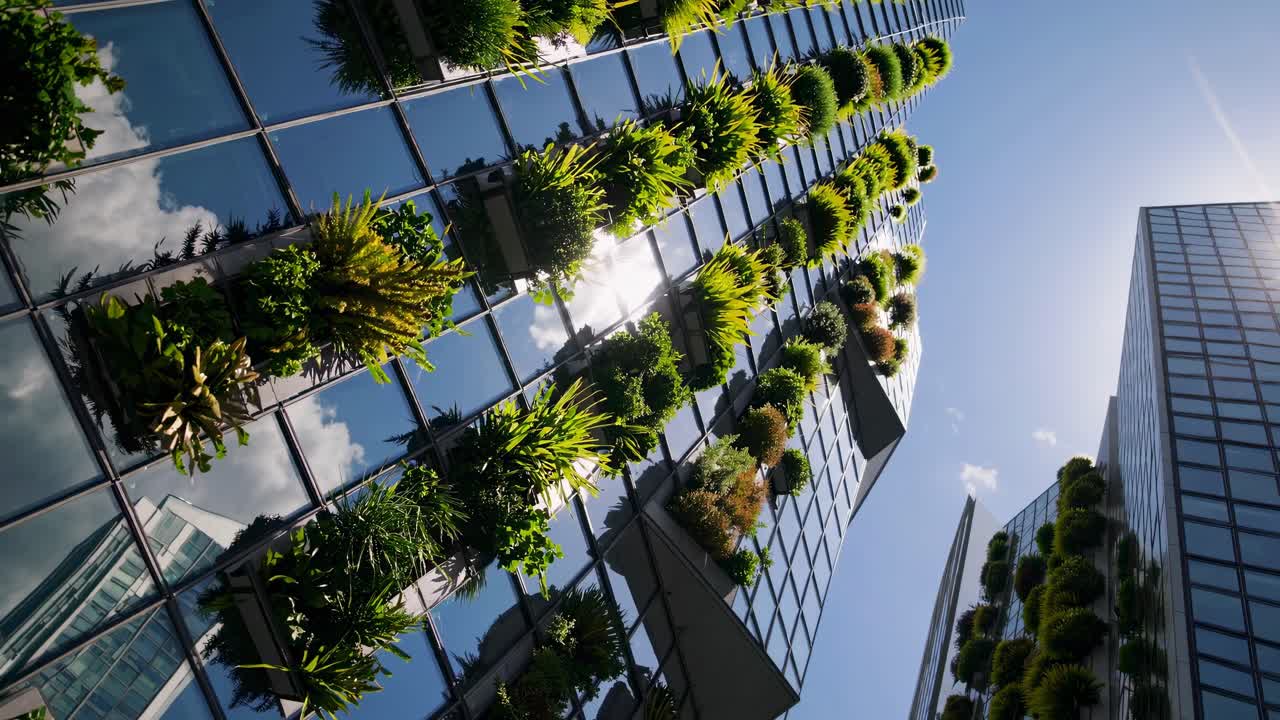 Low-angle video shot of a modern building facade with vertical gardens, reflecting sunlight