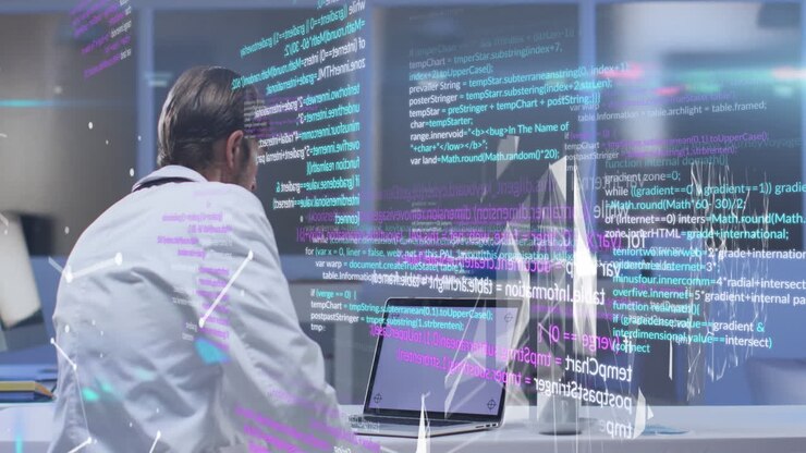 Animation of data processing over man using laptop