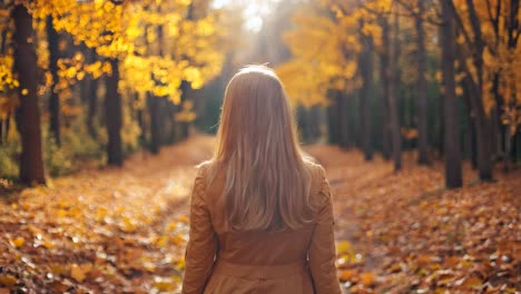 a woman walking down a path in a forest in the fall