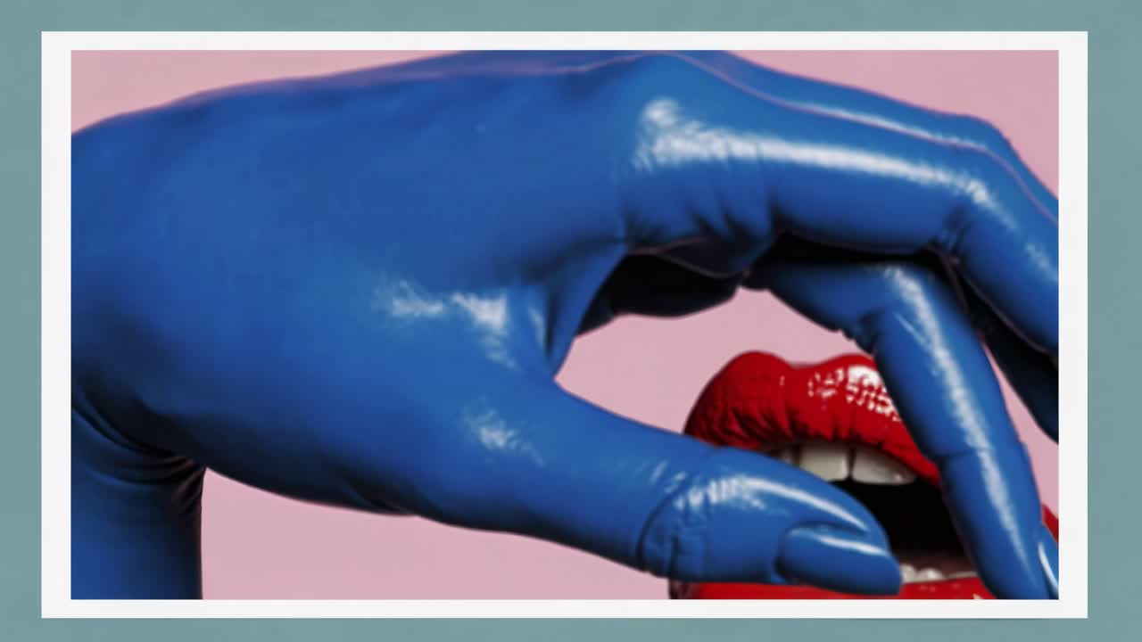 mano azul y labios rojos