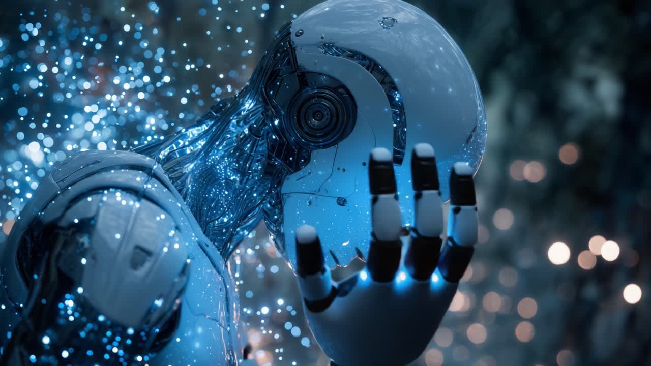 Pensive and sophisticated artificial intelligence contemplating glowing blue particles in a futuristic forest at night. Advanced technology concept showing a thoughtful and introspective AI robot