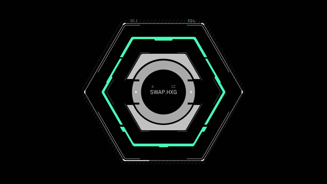 Animated sci-fi HUD element featuring a central hexagon with rotating rings and data readouts on a black background. Technology or gaming UI overlay