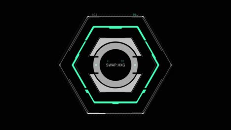 animated sci-fi hud element featuring a central hexagon with rotating rings and data readouts on a black background. technology or gaming ui overlay